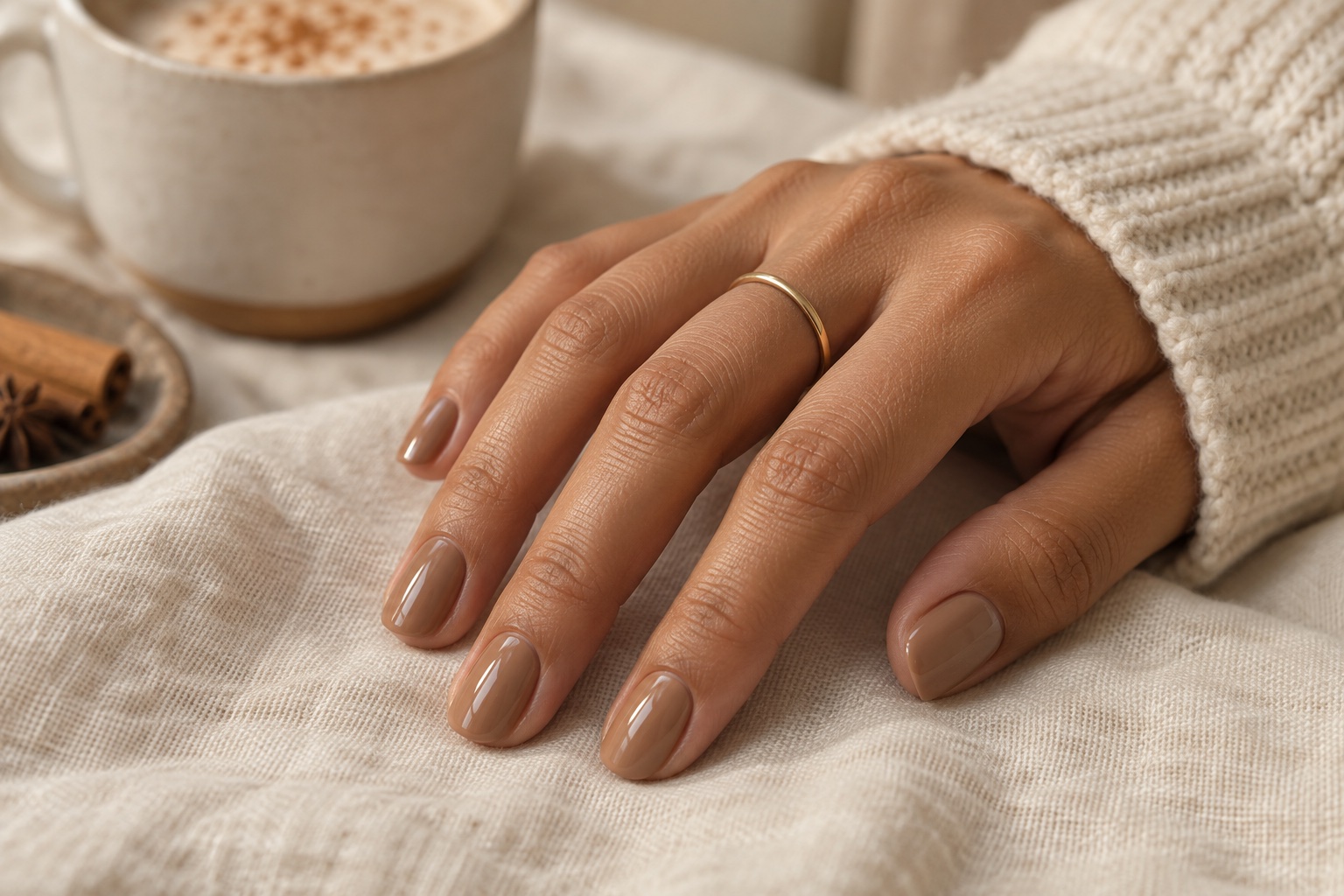 Short rounded nails with glossy beige-brown polish resting on cream linen beside a chai cup.