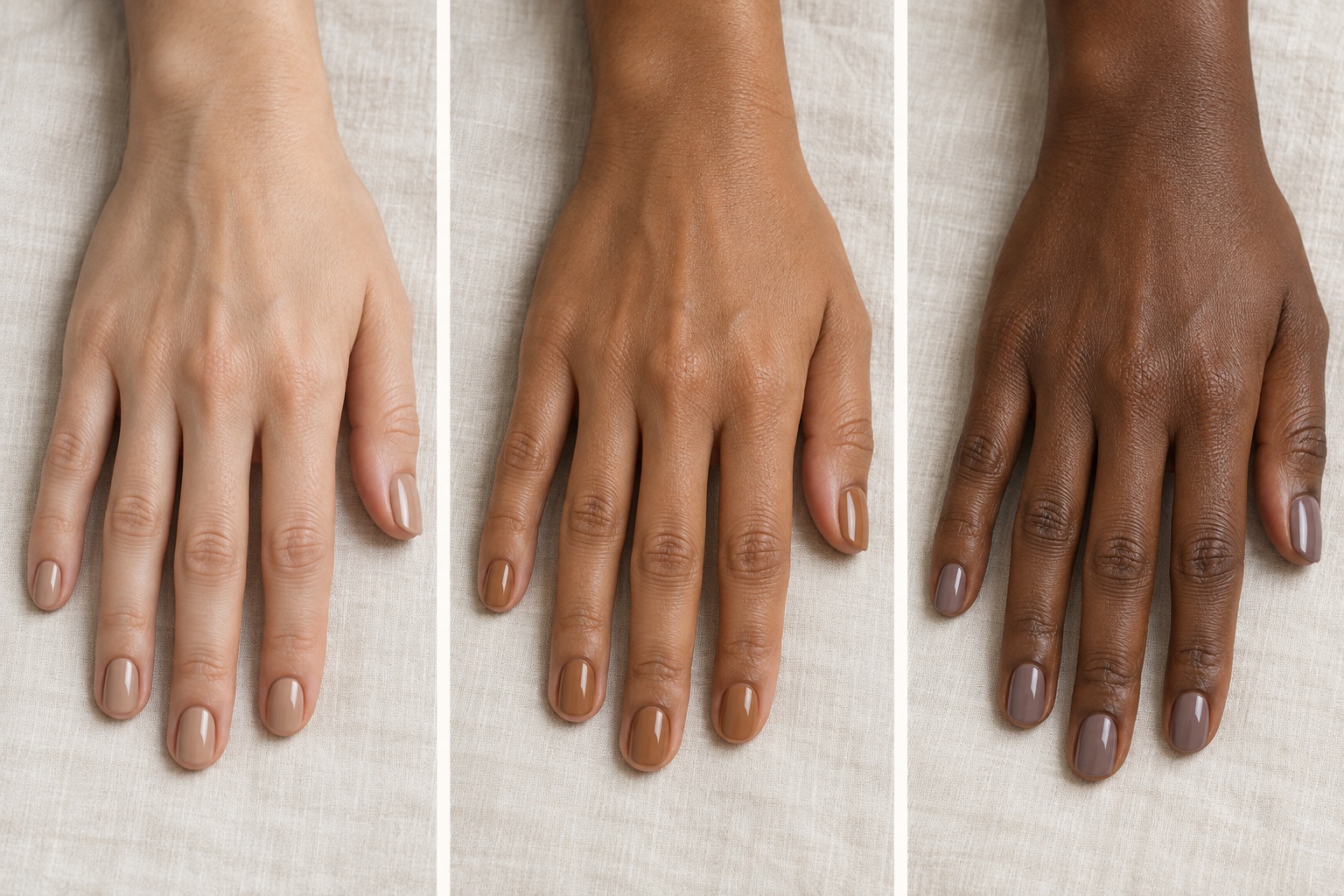 Short glossy manicures on light, medium, and deep skin: milky beige-brown, caramel tan, and cool mauve-taupe, from left to right.
