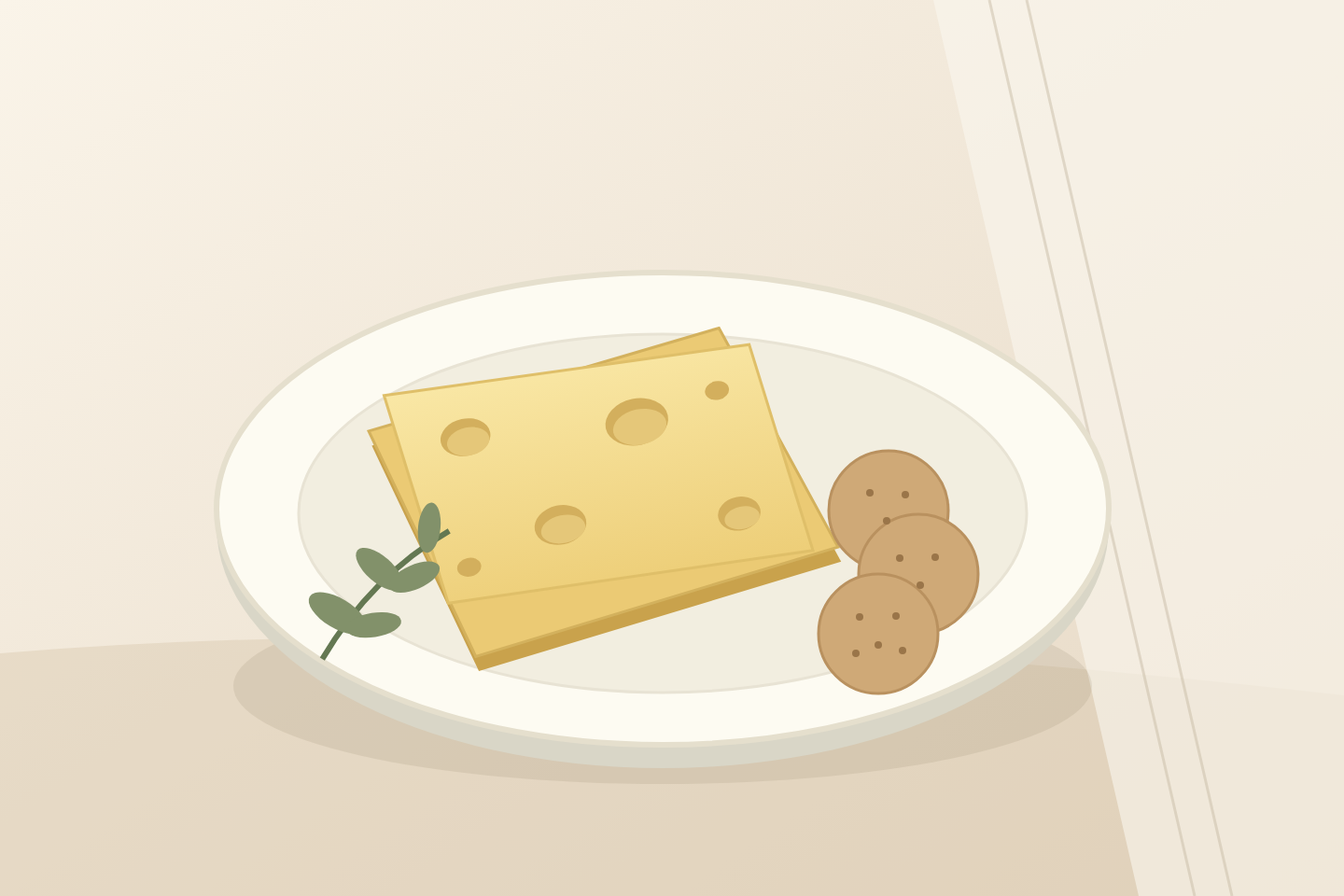 Original illustration of Swiss-style cheese slices on a ceramic plate with crackers and a sprig of herbs.