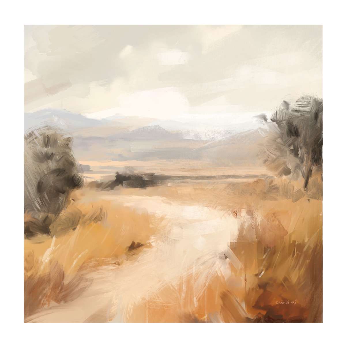 Landscape in Yellow Ochre by Danhui Nai, an abstract landscape in cream, ochre, charcoal, and soft grey