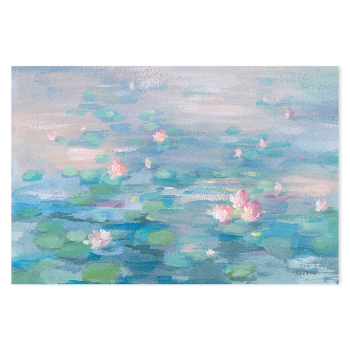 Sunrise Waterlilies by Danhui Nai, with pink waterlilies floating across layers of blue, teal, and green
