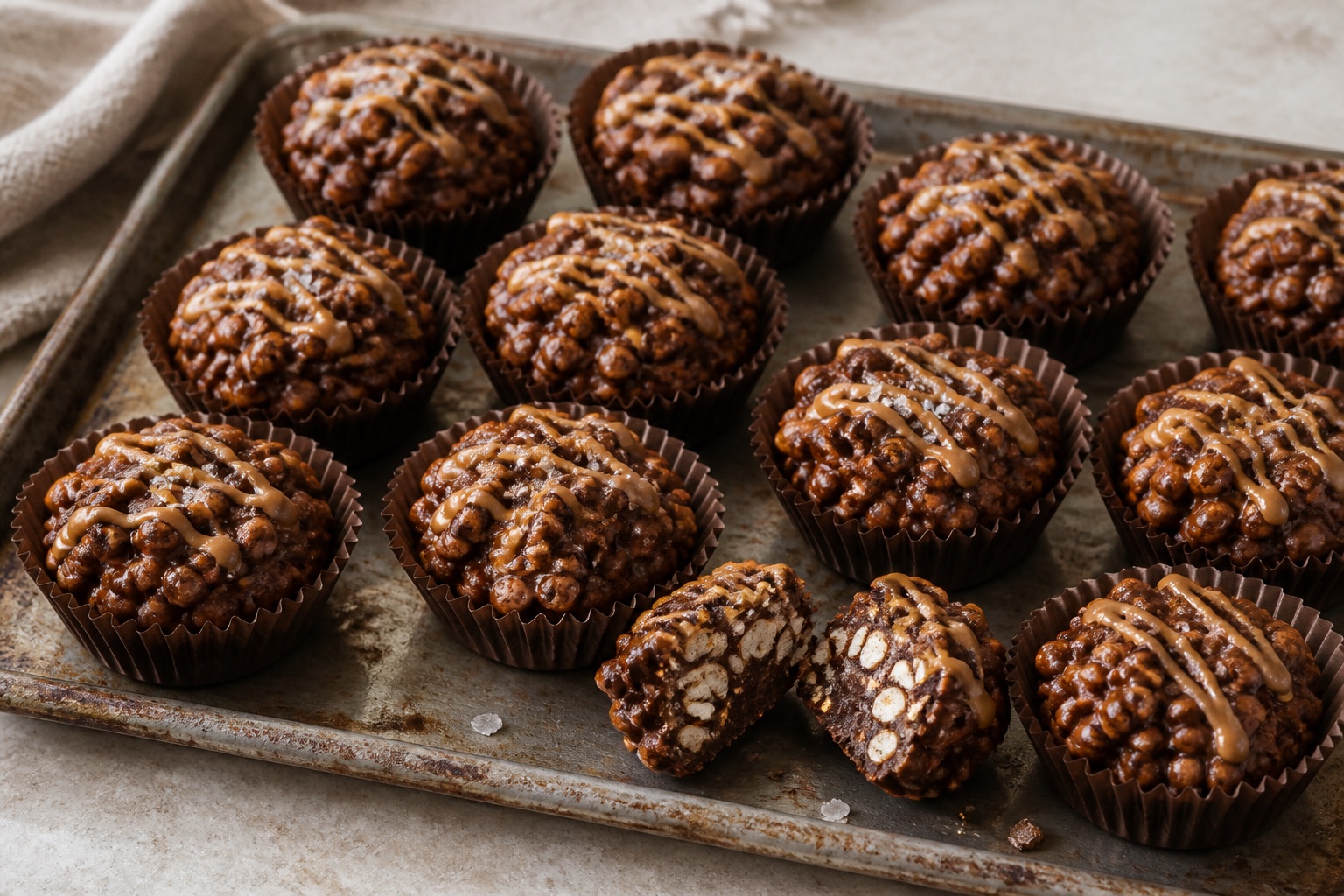 Dark chocolate peanut butter puffed rice crunch cups in brown paper liners with one cup broken open