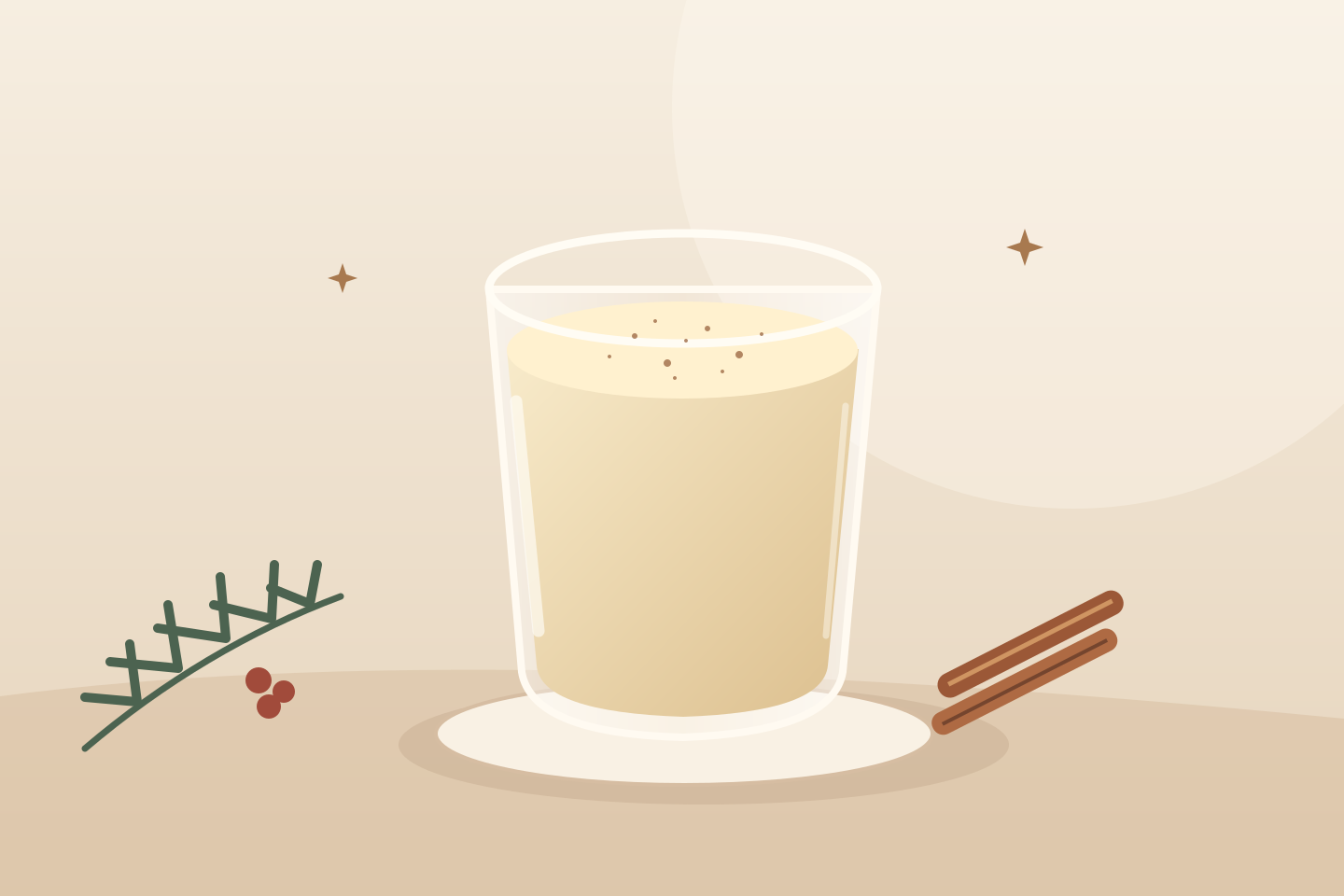 Original illustration of a creamy holiday drink in a glass with nutmeg, cinnamon sticks and evergreen sprigs.