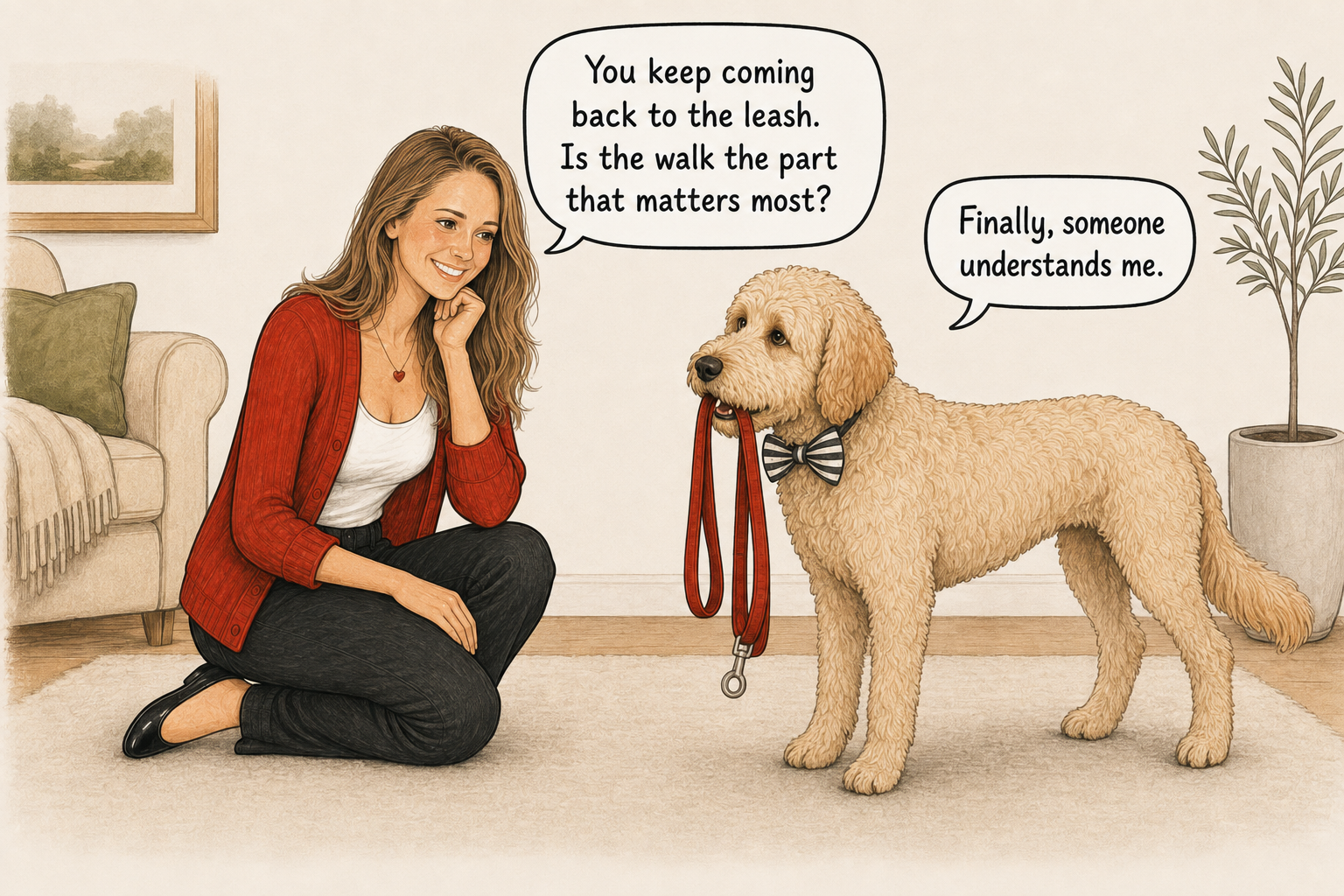 Everyday Edited cartoon of Katie listening to Otto, her yellow labradoodle, as he holds his red leash and says he finally feels understood
