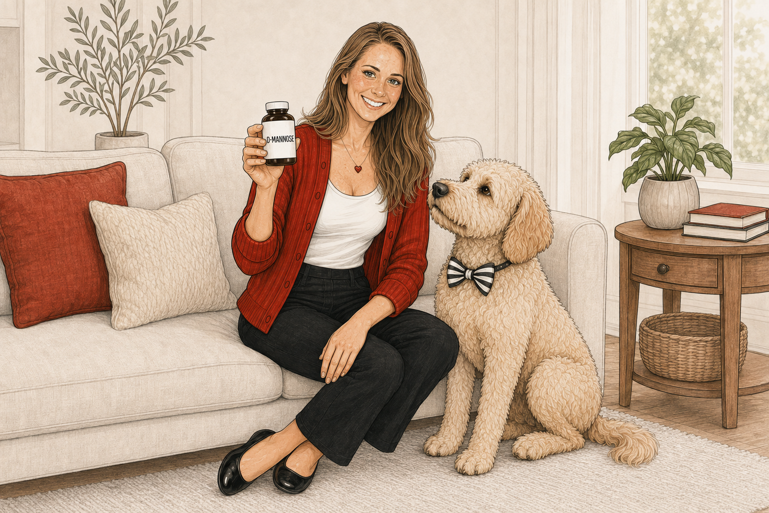 Editorial cartoon of Katie holding a bottle labeled D-MANNOSE beside Otto, her cream-colored labradoodle