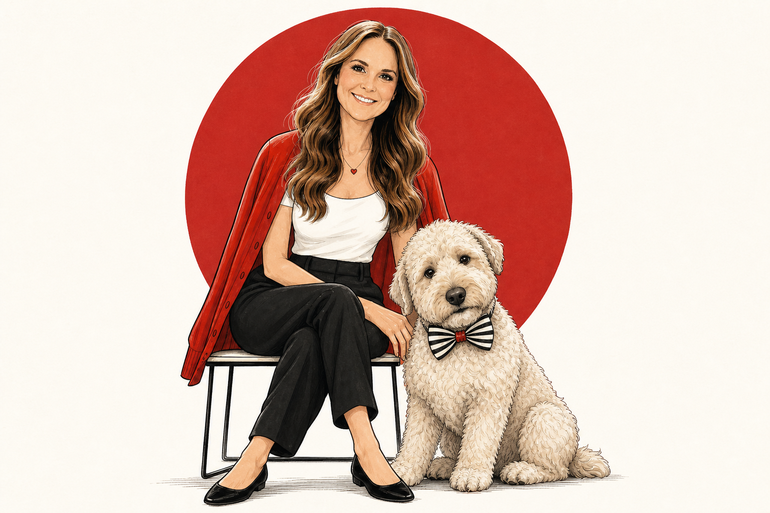 Katie in her red cardigan beside Otto, her cream labradoodle in a striped bow tie.