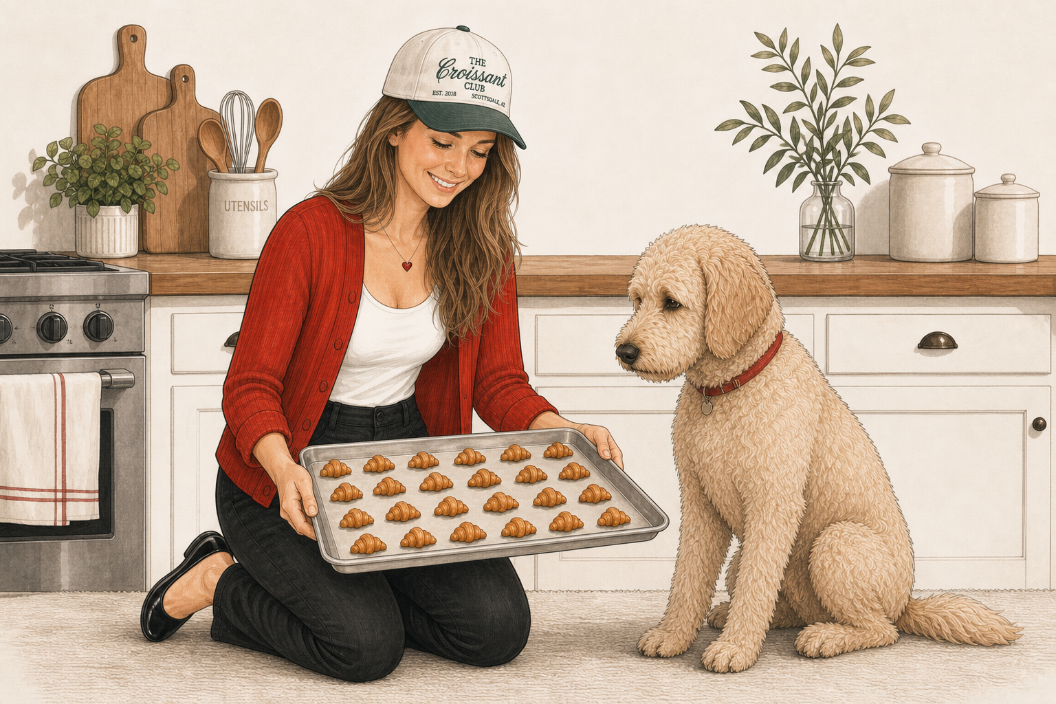 Katie wearing a Croissant Club hat and looking down at a tray of mini croissants beside Otto in a plain red collar
