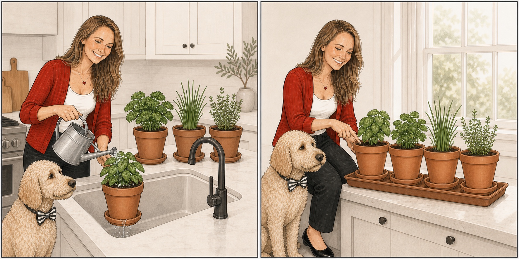 Two-panel cartoon of Katie watering four potted herbs in the sink while Otto watches, then arranging the pots on a tray by a bright window