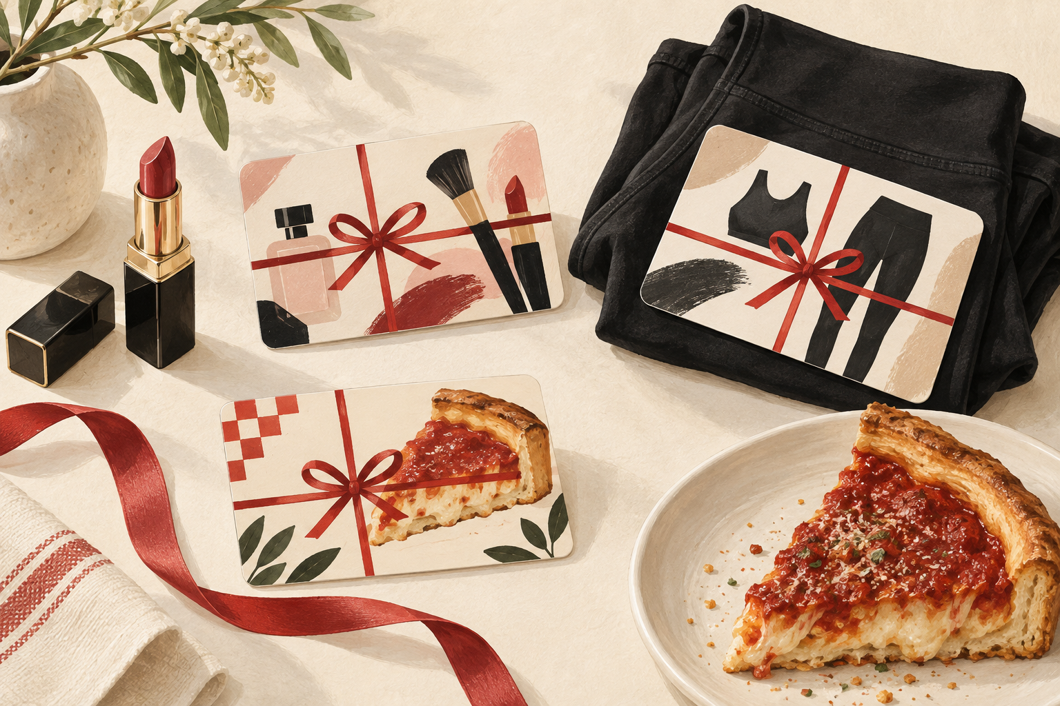 Illustrated gift cards for beauty, clothing, and pizza beside lipstick, folded black clothing, and a slice of deep-dish pizza.