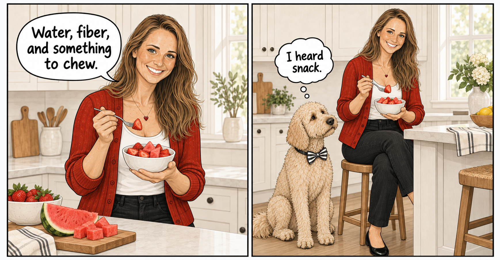 Katie holds strawberries and watermelon while Otto, her cream labradoodle in a striped bow tie, thinks “I heard snack.”