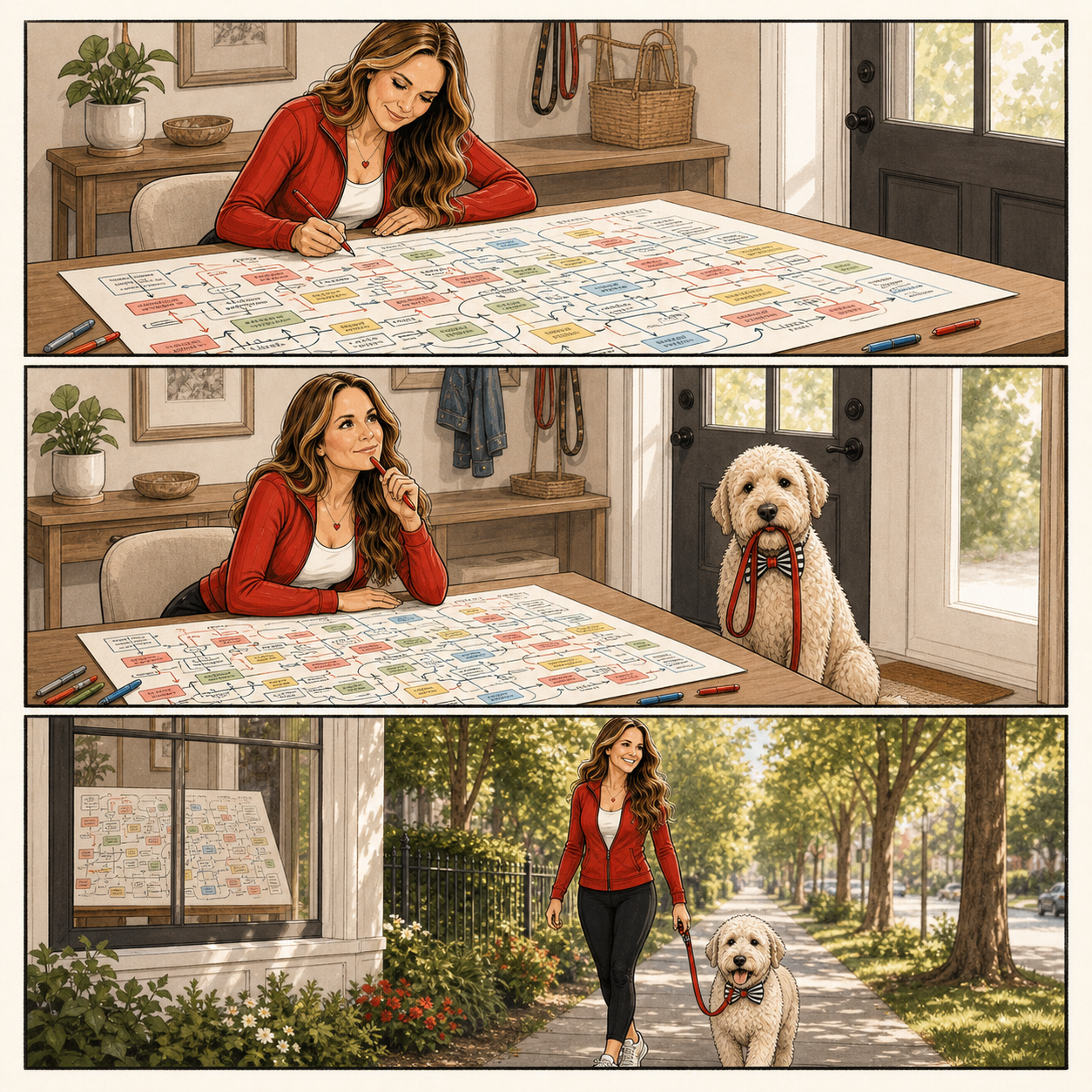 Three-panel wordless comic: Katie creates an enormous color-coded fitness plan while Otto waits with his leash, then they happily take a walk together.