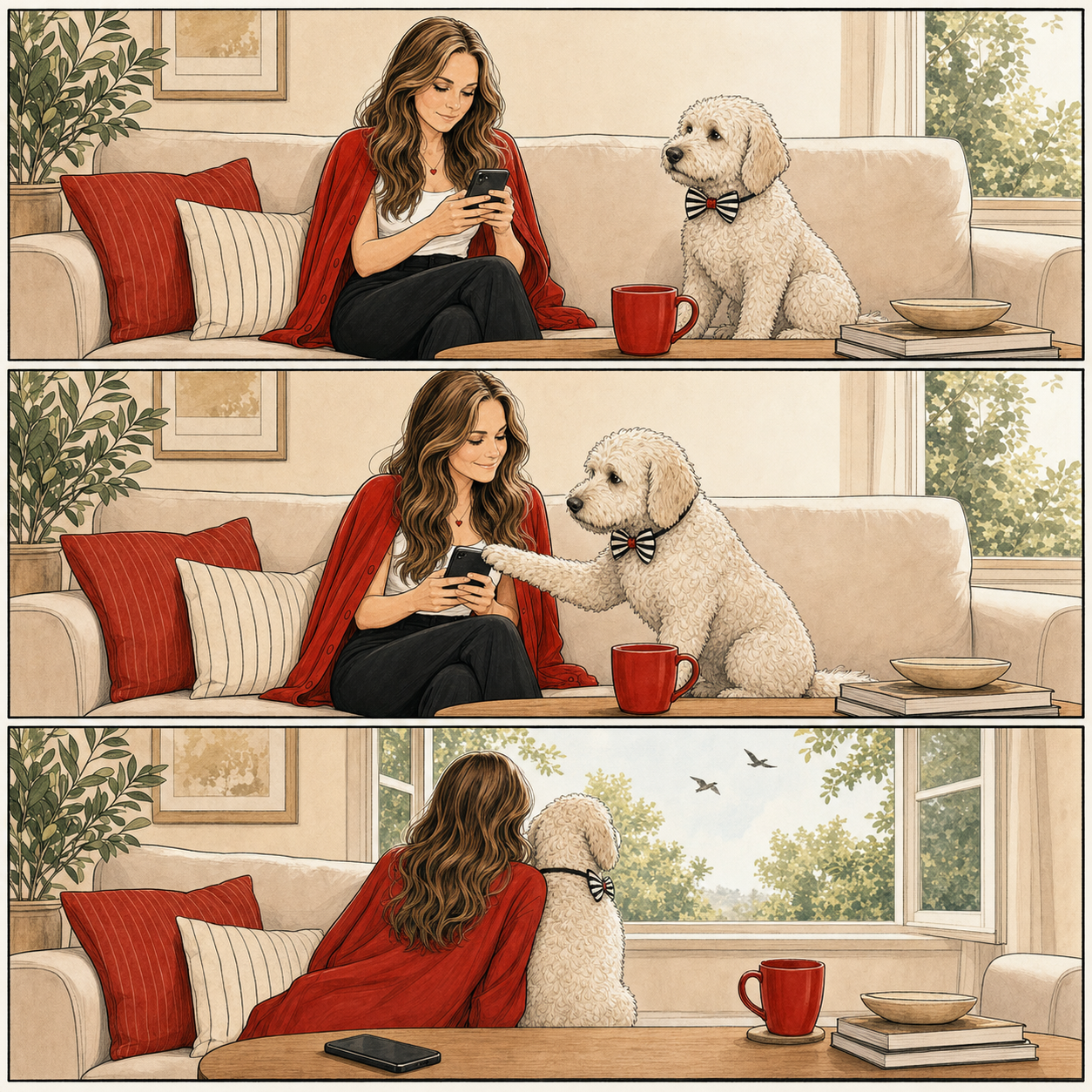 Three-panel wordless comic: Katie scrolls on her phone, Otto gently covers the screen with a paw, and they finish by watching birds together through an open window.