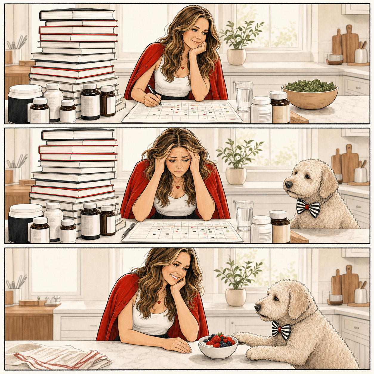 Three-panel wordless comic: Katie gets overwhelmed by nutrition books, supplements and a meal plan before Otto offers a simple bowl of berries and yogurt.