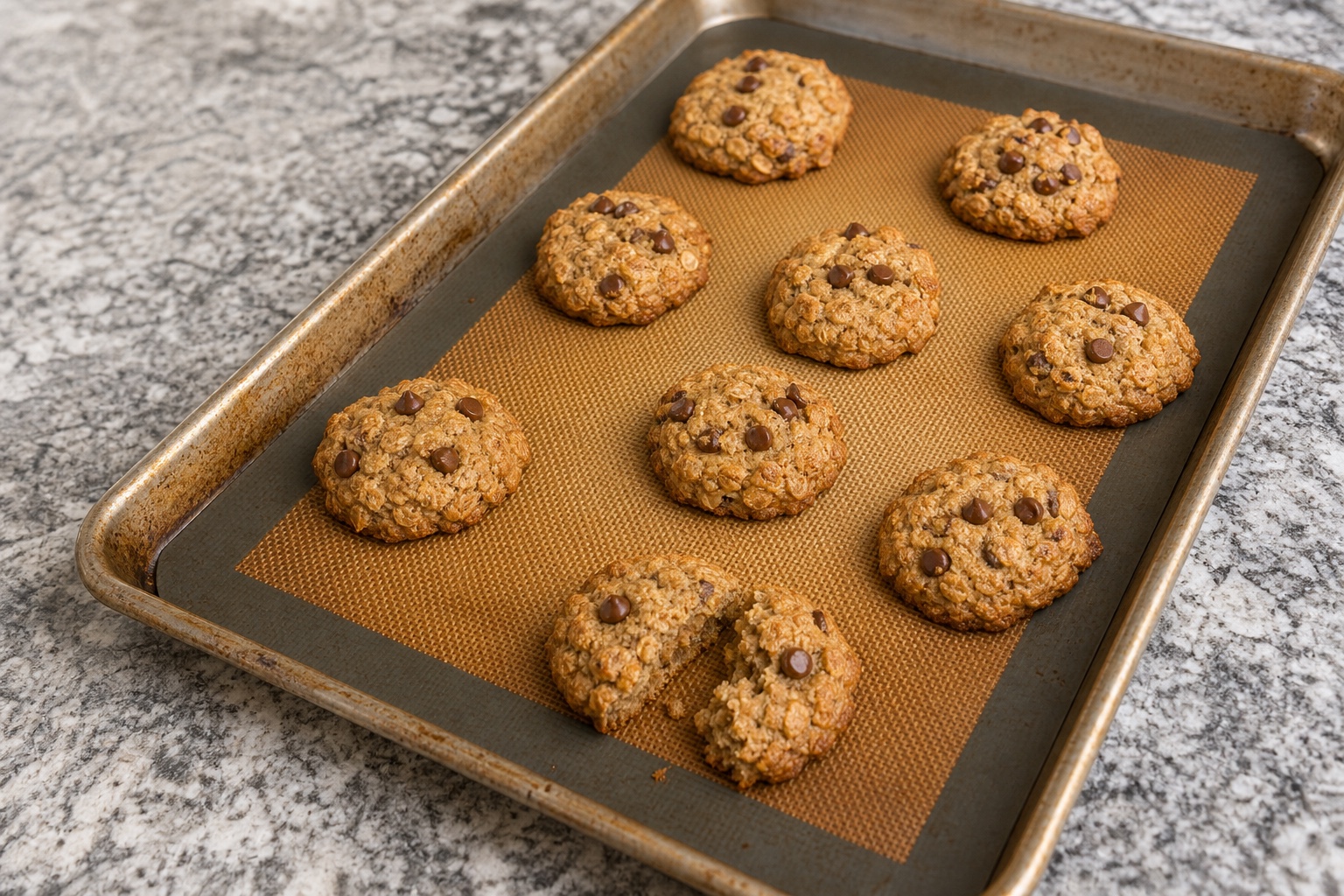 Homemade banana oat flour chocolate chip cookies on a well-used lined baking sheet