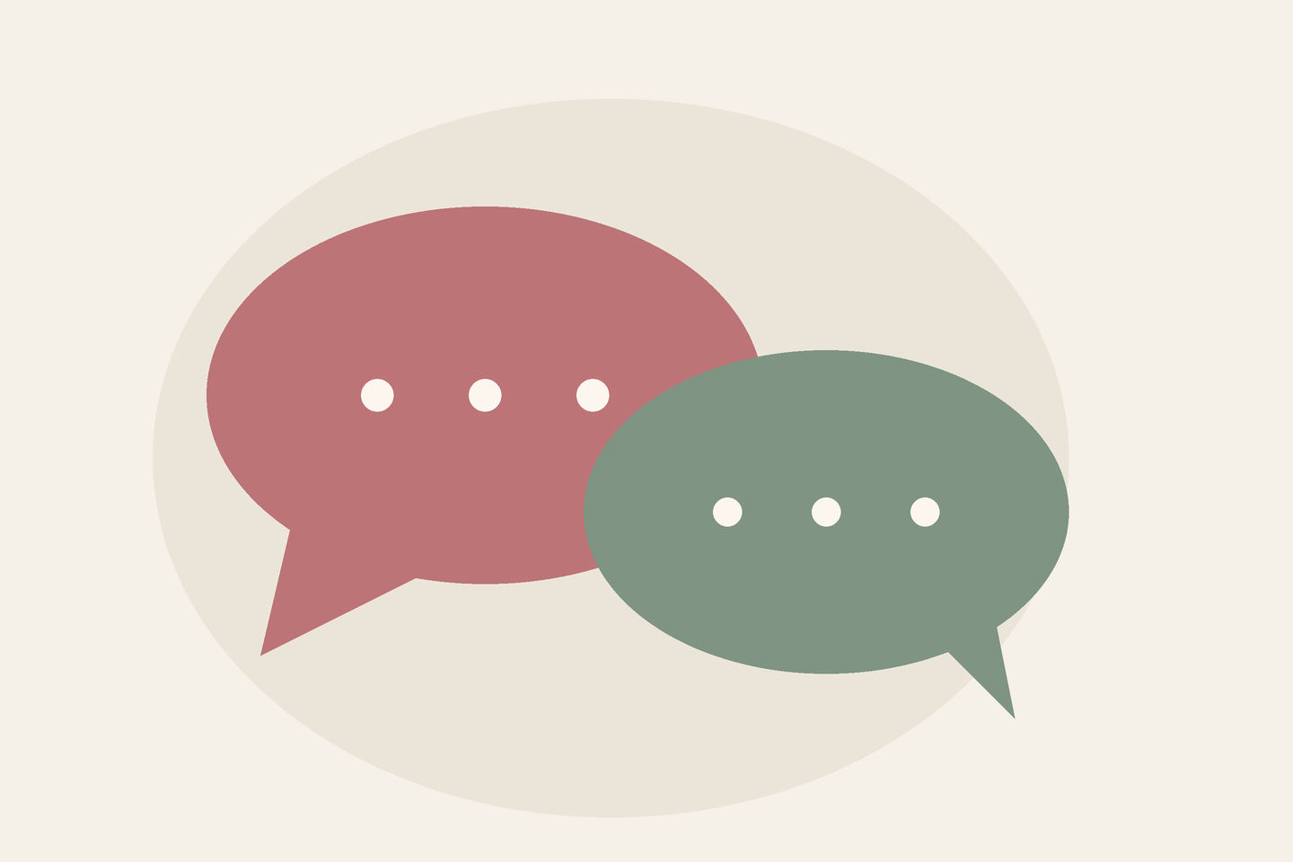 Abstract illustration of two overlapping conversation bubbles in rose and sage on a cream background.