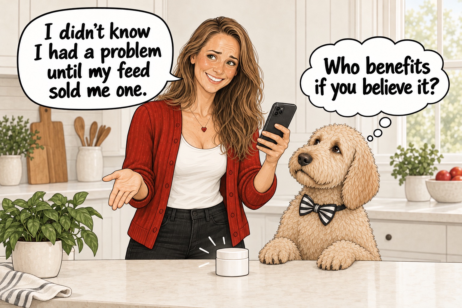Katie says, “I didn’t know I had a problem until my feed sold me one.” Otto thinks, “Who benefits if you believe it?”