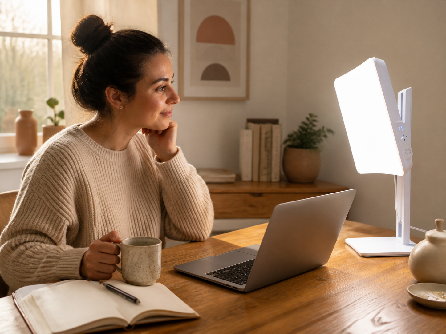 Woman beginning her morning at a warm home-office desk beside a glowing light therapy lamp