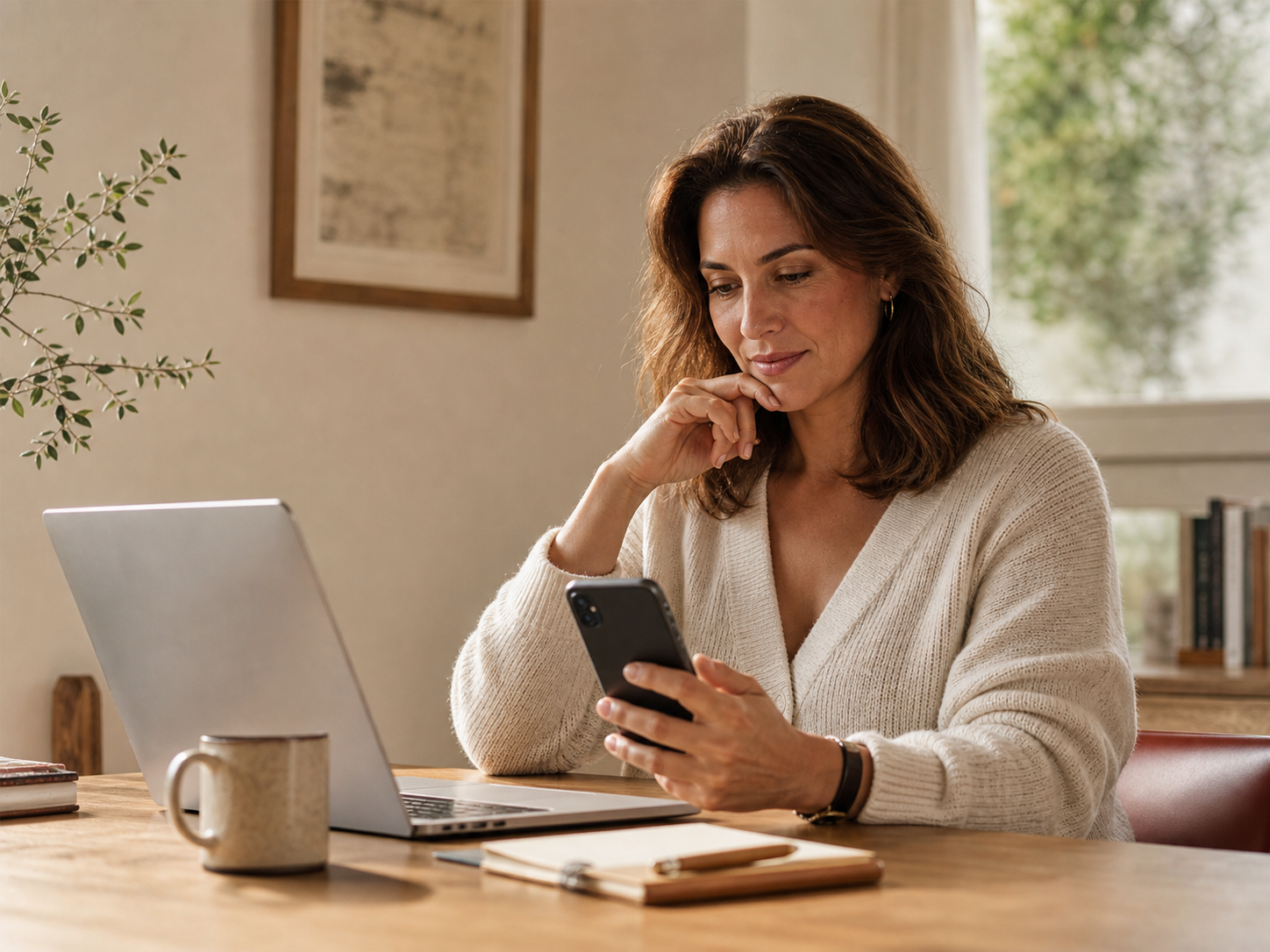 Woman at a warm home-office desk thoughtfully reviewing healthcare options on her phone beside an open laptop