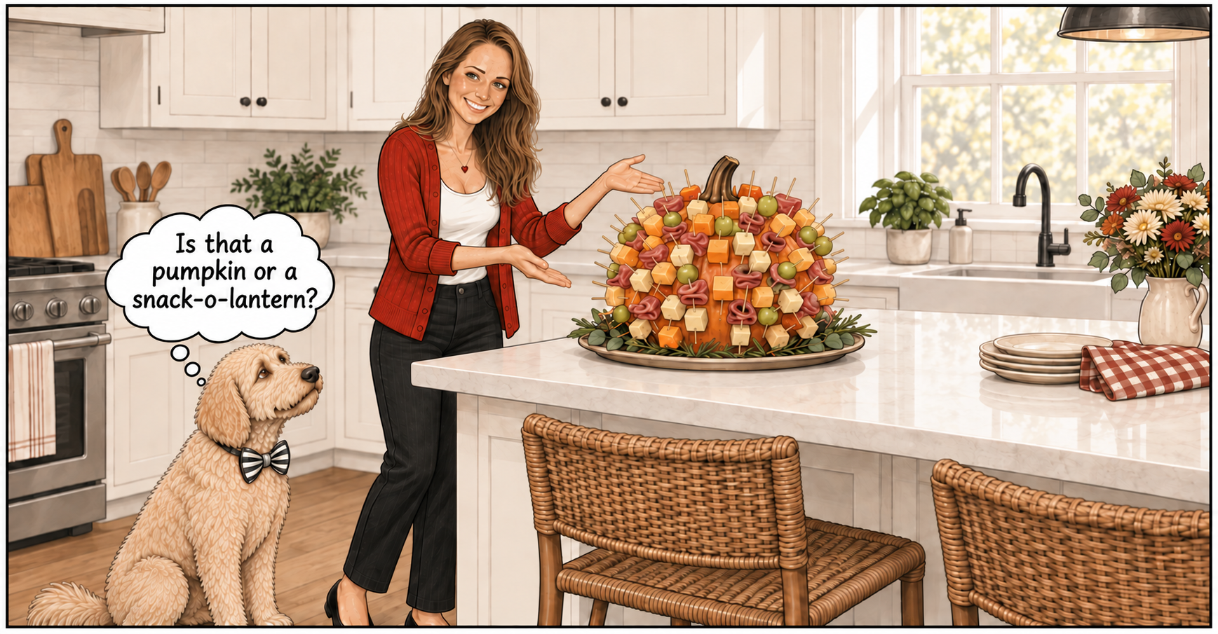Otto thinks, “Is that a pumpkin or a snack-o-lantern?” while Katie presents the pumpkin charcuterie centerpiece.