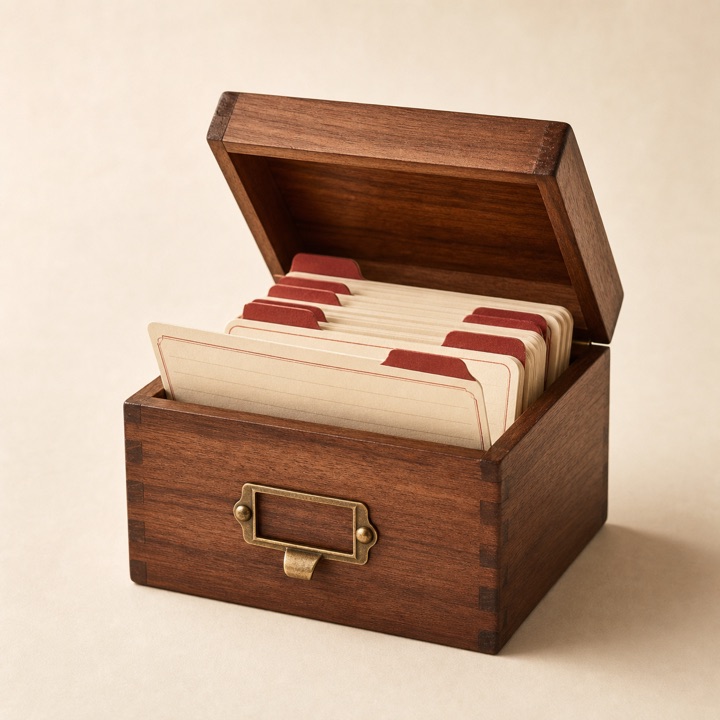 Small wooden recipe box filled with cream recipe cards