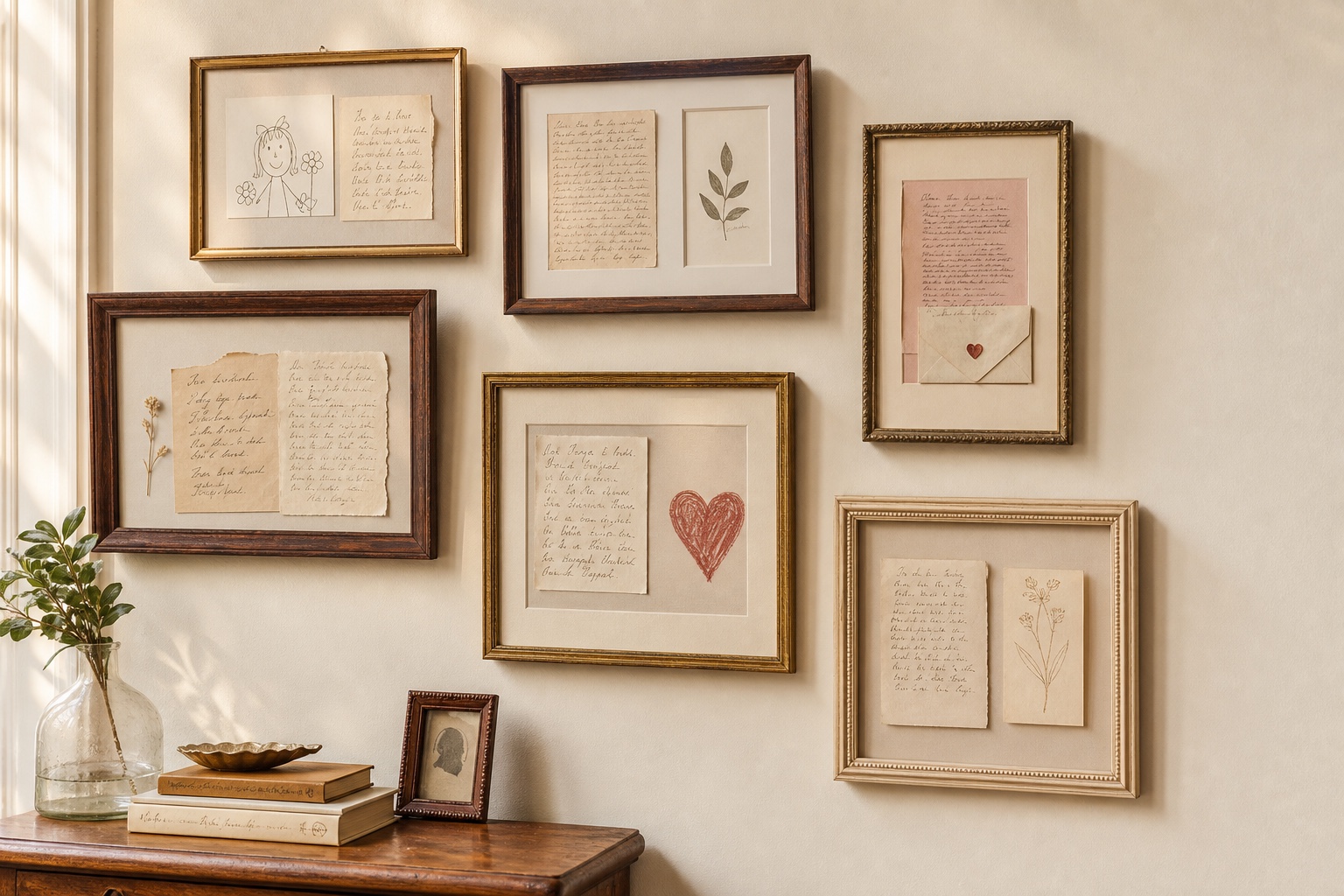 Letters and small drawings in warm wooden frames on a gallery wall.