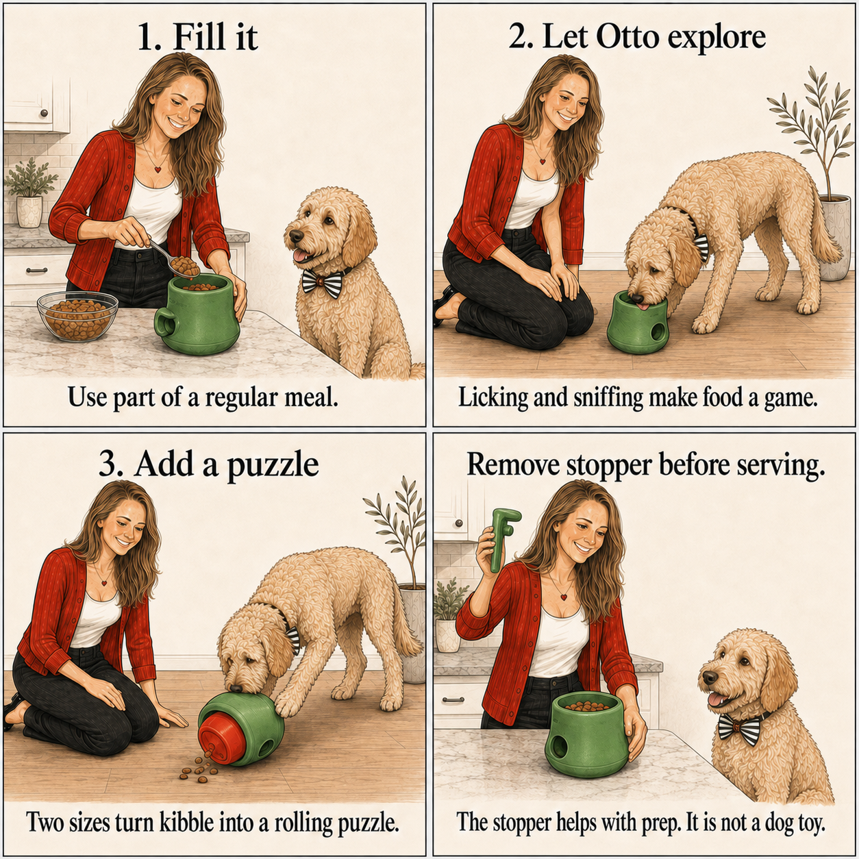 Katie fills a green TOPPL with meal food; Otto licks the open toy and nudges two connected TOPPLs to release kibble; Katie removes the prep-only stopper before serving.