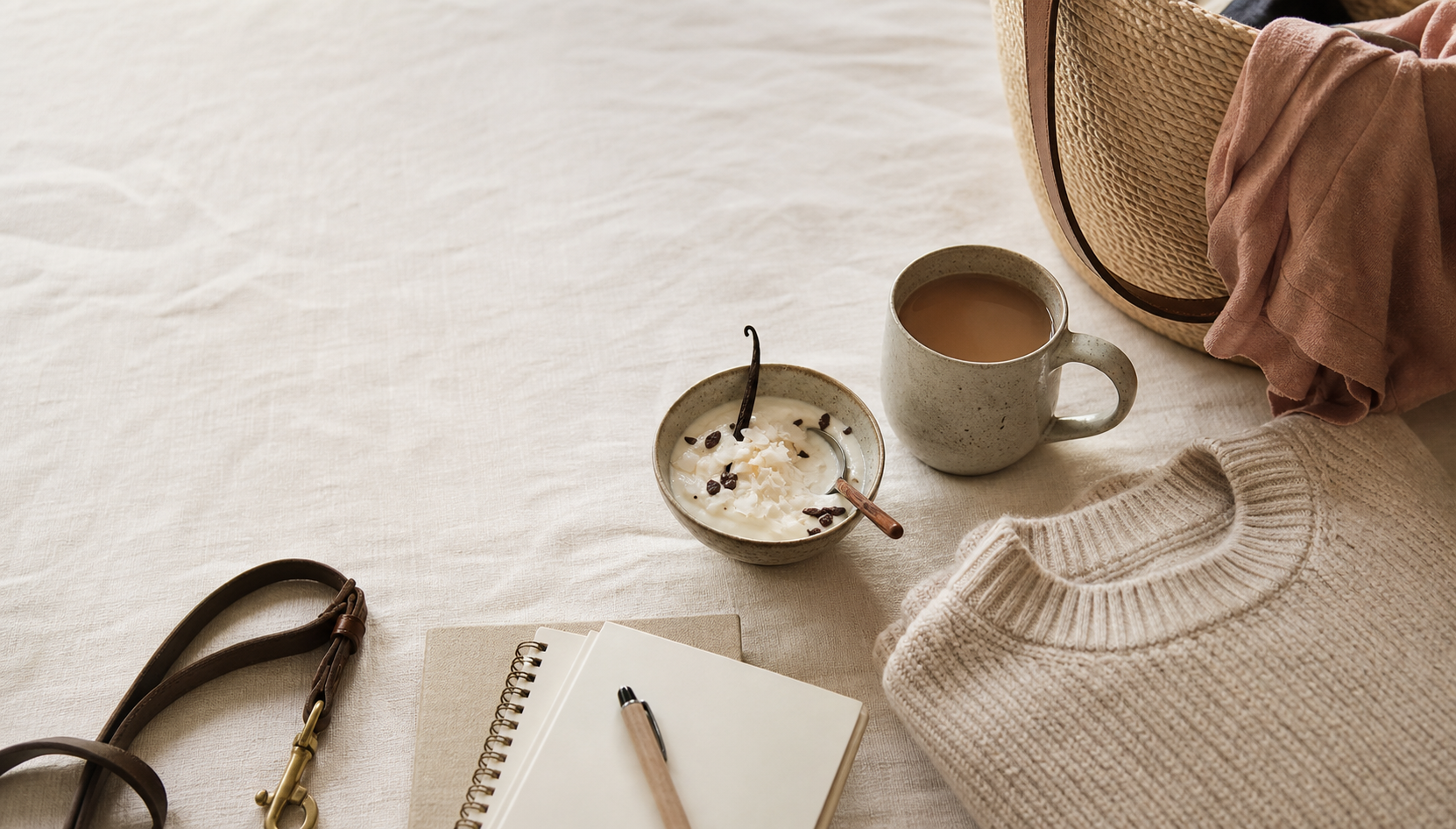 Warm flat lay with a mug, notebook, and simple everyday objects