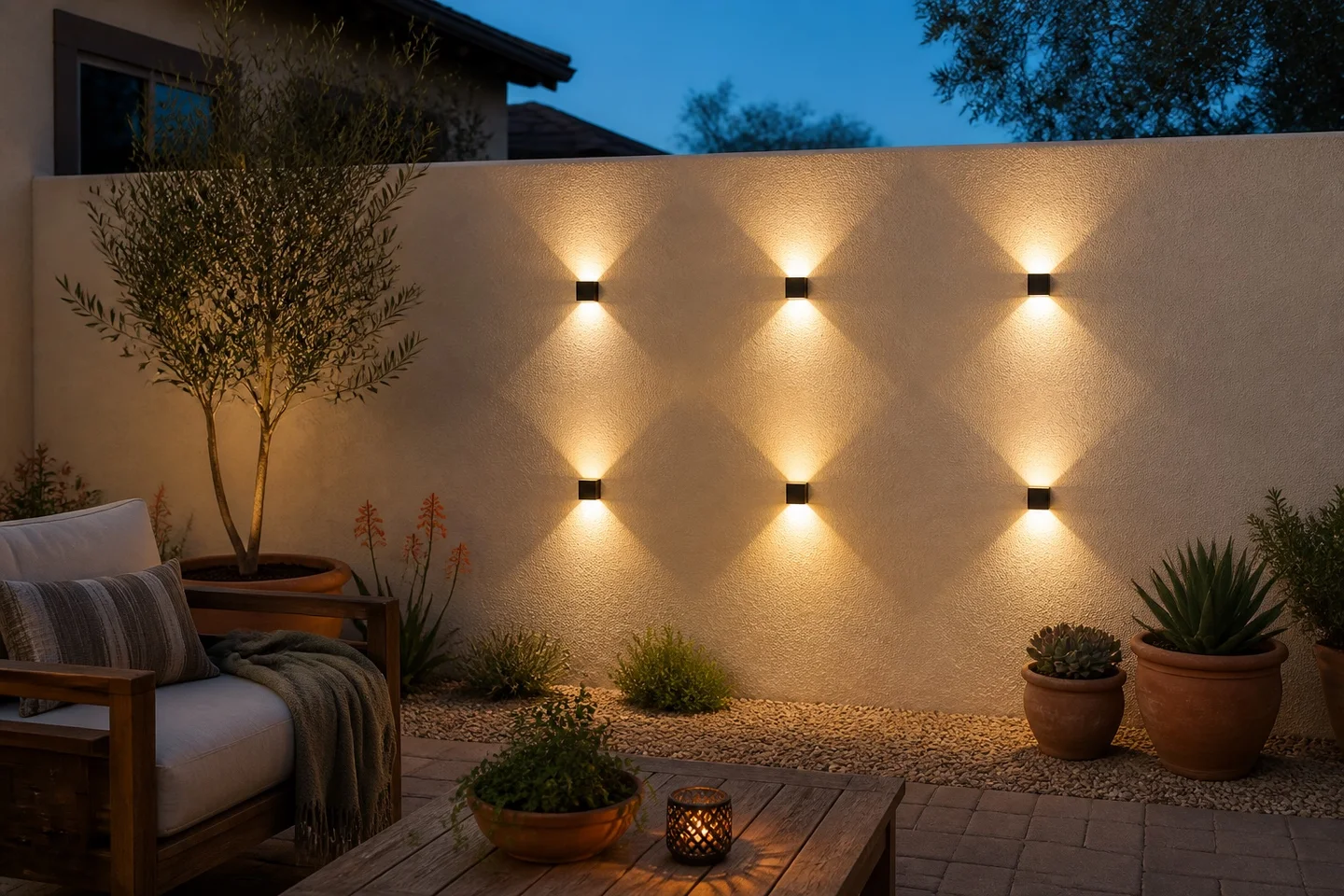 Cozy backyard at blue hour with six small black up-and-down sconces casting warm diamond-shaped light across a cream stucco wall