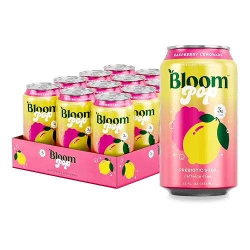 Bloom Pop Raspberry Lemonade prebiotic soda 12-pack and can