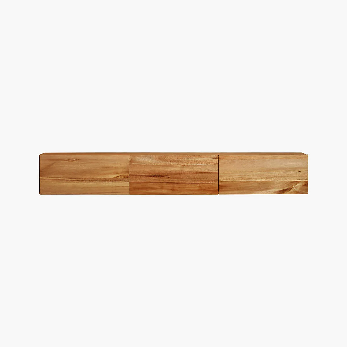 Long wall-mounted CB2 Hide N’ Seek storage shelf with warm acacia-veneer doors