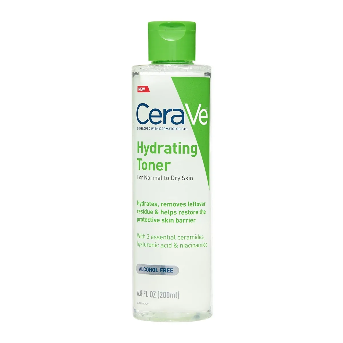 Clear bottle of CeraVe Hydrating Toner with a green cap