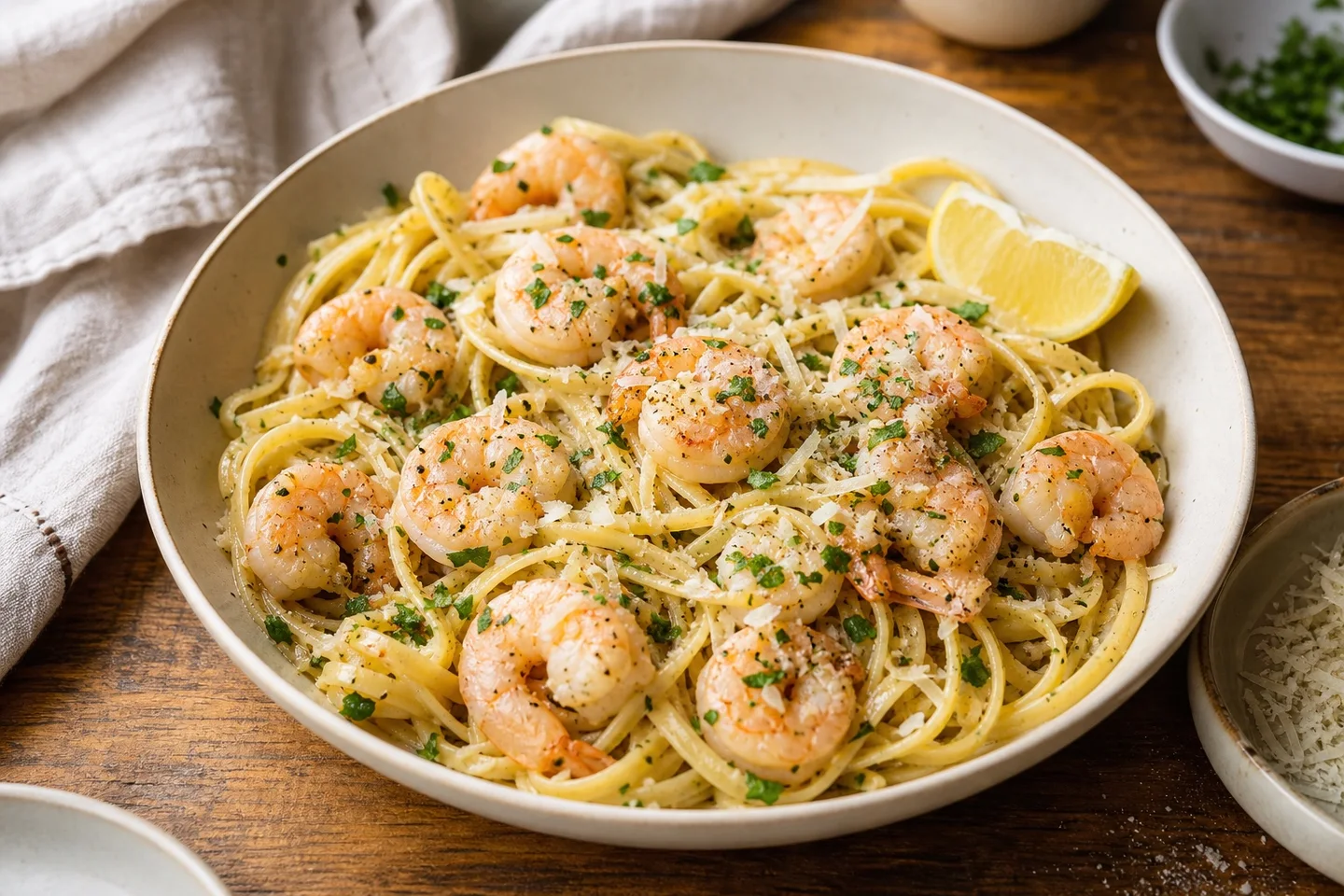 A bowl of garlic butter shrimp linguine with Parmesan, parsley, black pepper, and a lemon wedge