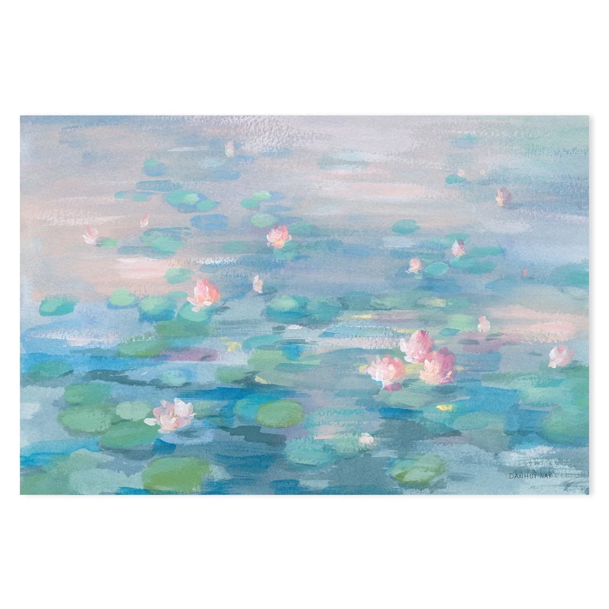 Sunrise Waterlilies by Danhui Nai, with pink waterlilies floating across layers of blue, teal, and green