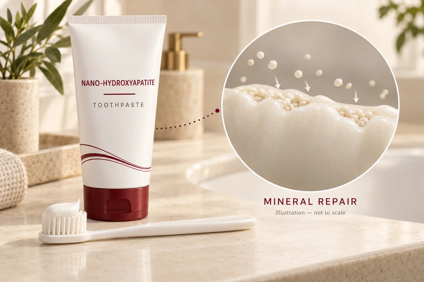 Conceptual nano-hydroxyapatite toothpaste beside an enlarged illustration of minerals settling into shallow irregularities in enamel.