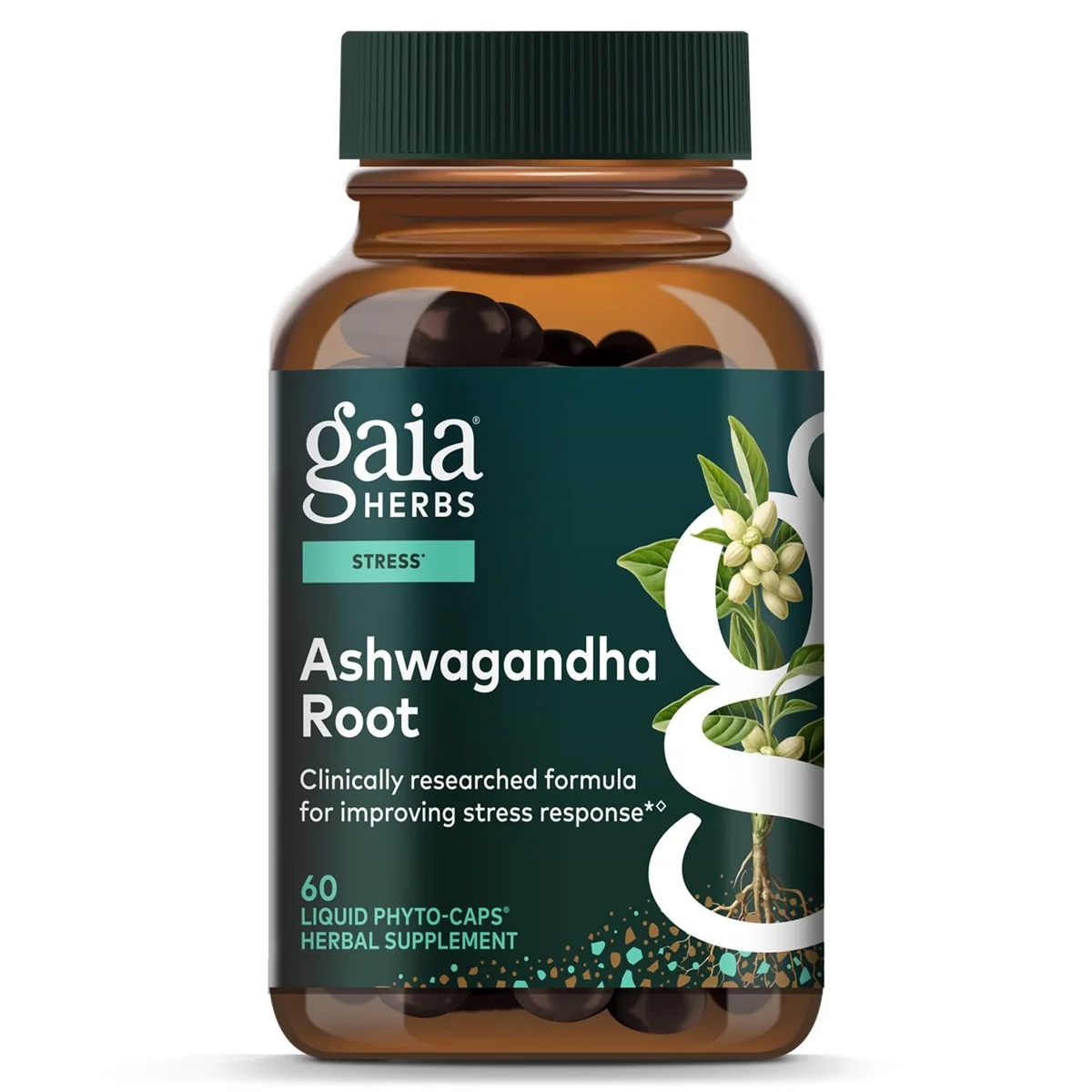 Amber bottle of Gaia Herbs Ashwagandha Root liquid phyto-caps