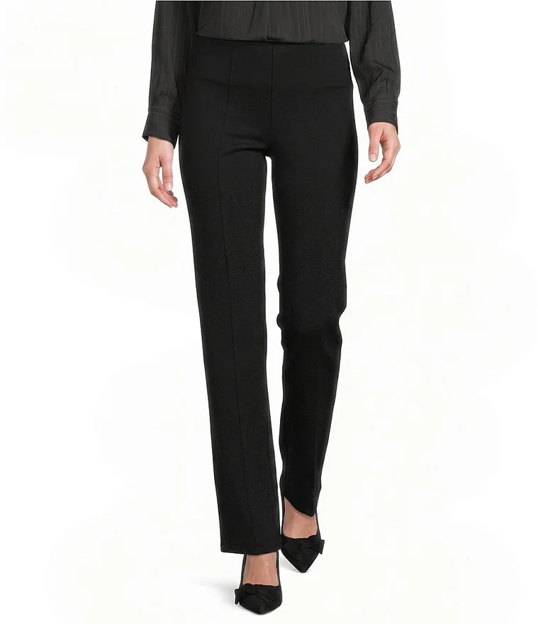 Model wearing black Investments Slim Factor stretch ponte slim straight pants