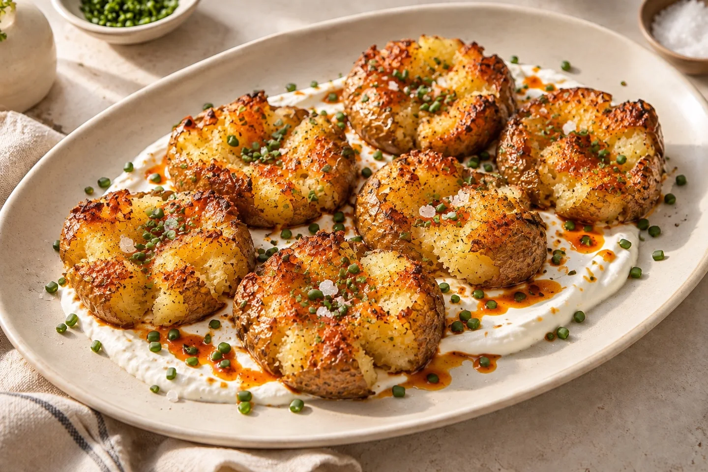 Golden smashed baby potatoes over creamy labneh with a red hot-sauce drizzle and chopped chives; AI-generated serving illustration