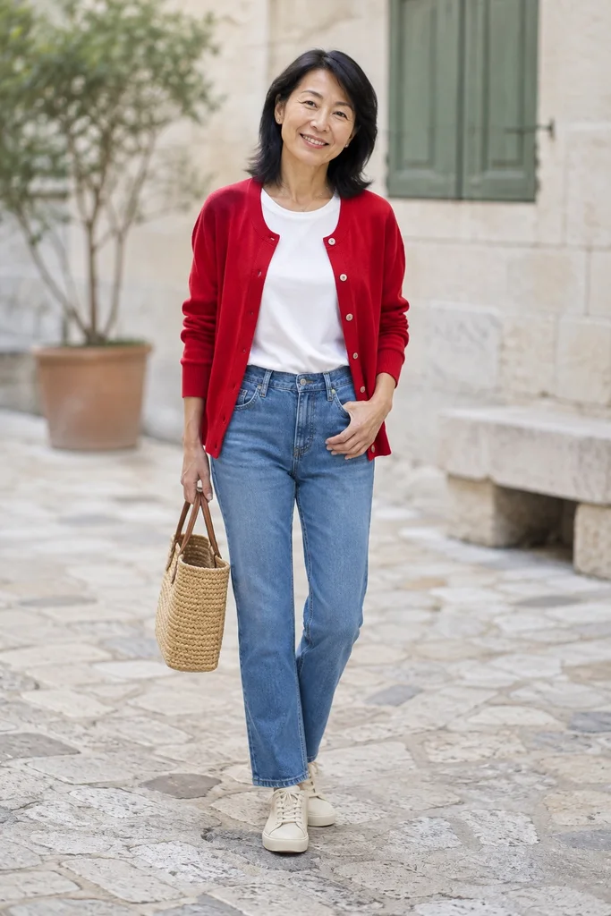 Woman in a red cardigan, white T-shirt, blue straight-leg jeans and cream sneakers