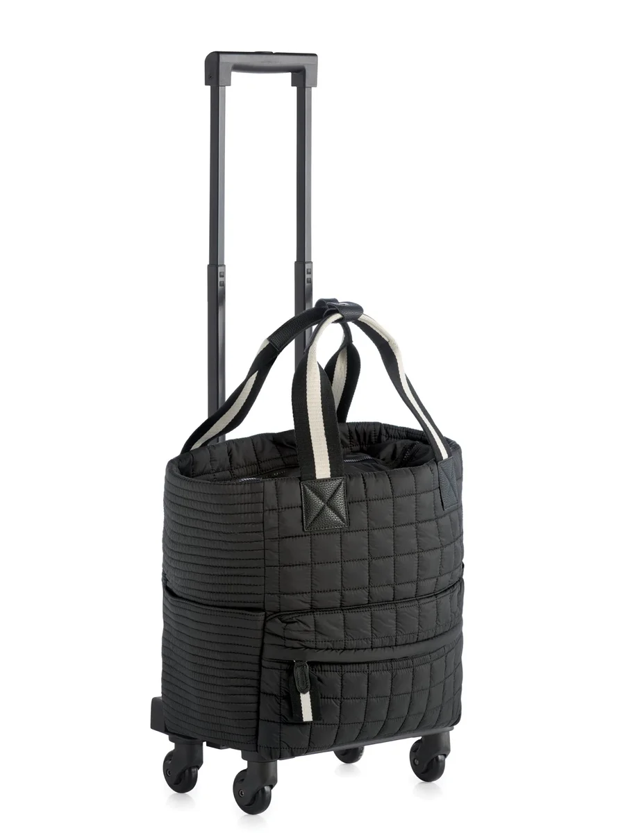 Black quilted Shiraleah Ezra 360-degree roller tote with striped handles and an extending handle