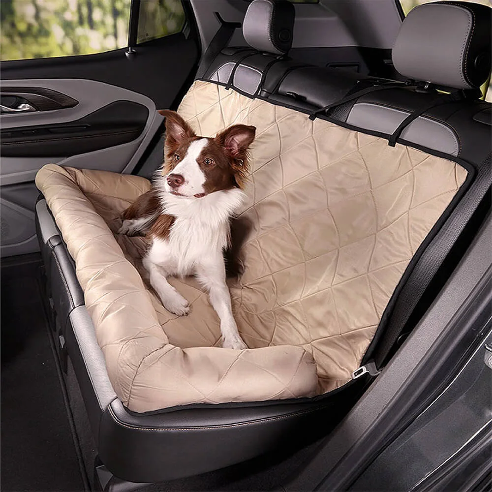 Brown-and-white dog sitting in the Cream Khaki Slashop Waterproof Dog Car Booster Seat Bed