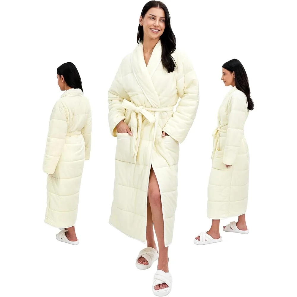 Model shown from the front, side, and back wearing The Big Softy white quilted duvet robe