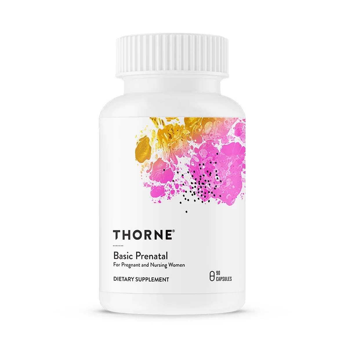 White bottle of Thorne Basic Prenatal supplement capsules