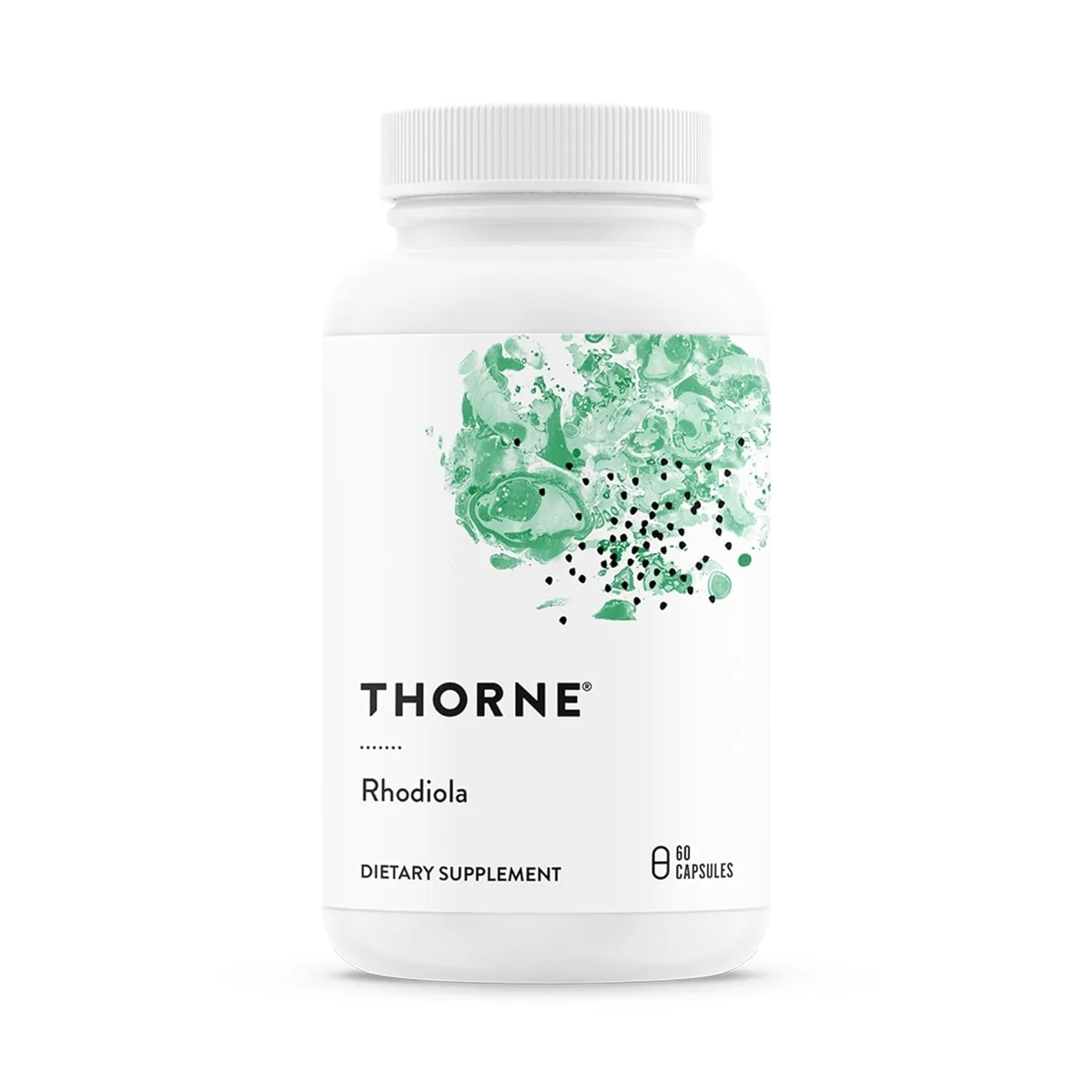 White bottle of Thorne Rhodiola 100 mg capsules
