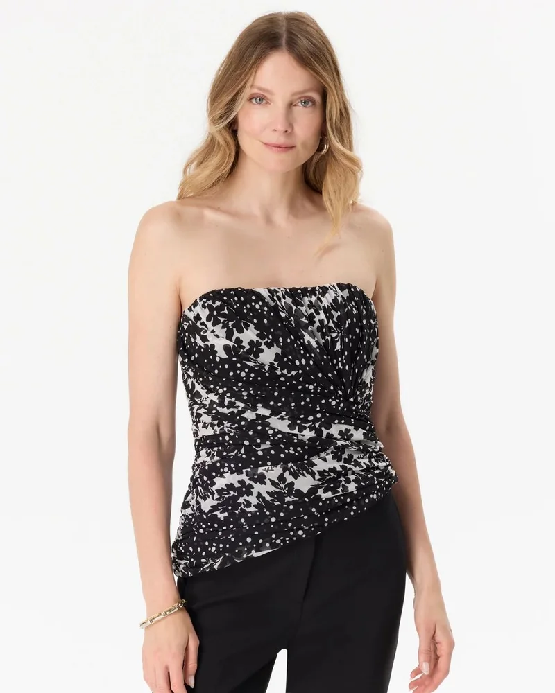 Model wearing the White House Black Market Draped Chiffon Bustier in Floral Mix Black