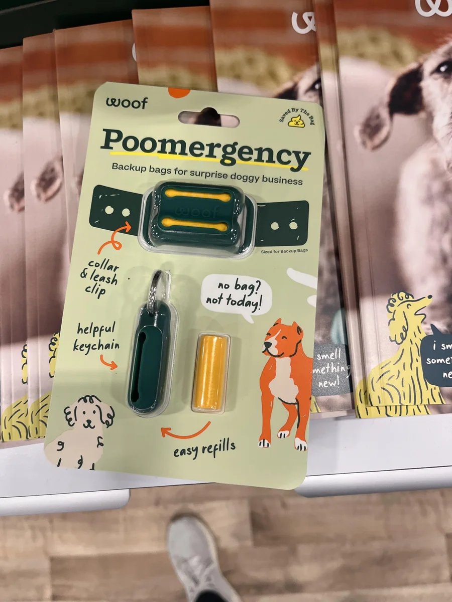 Woof Poomergency backup dog waste bag kit in forest green packaging