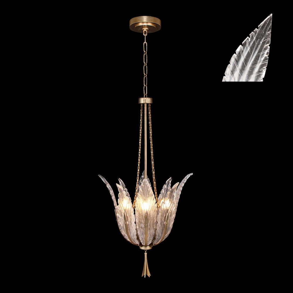 Gold Plume Pendant with cascading crystal-white handblown glass plumes